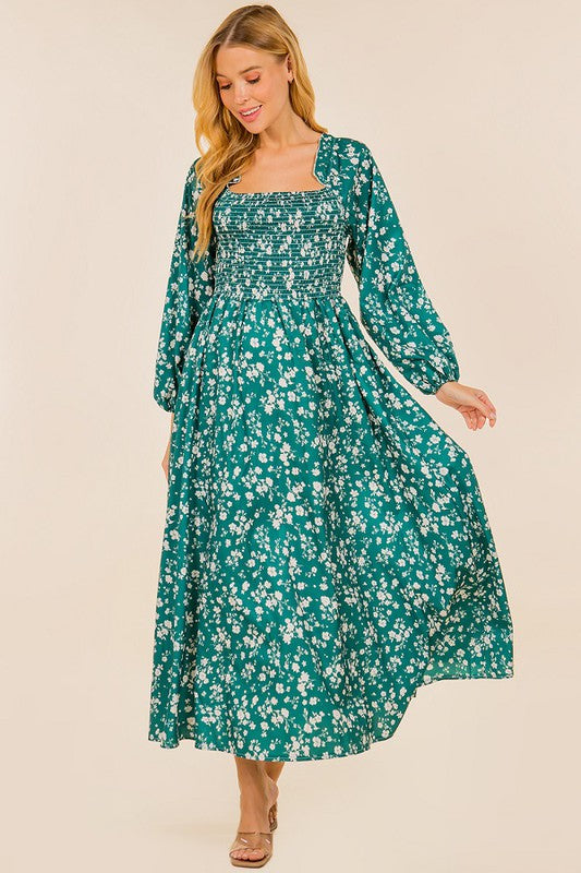 FLORAL PRINT LONG SLEEVE SQUARE NECK RUFFLE DRESS