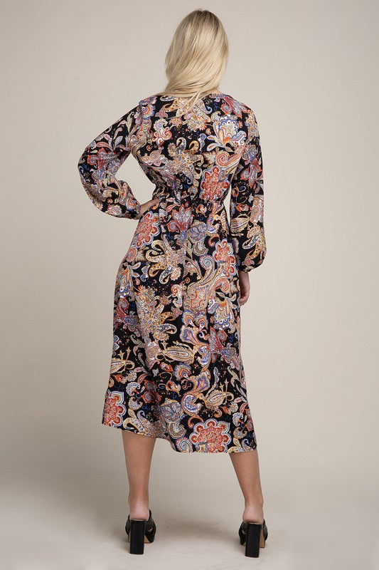 Paisley Print Shirred Waist A-line Dress