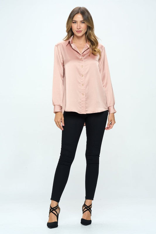 Stretch Satin V neck Blouse with Collar