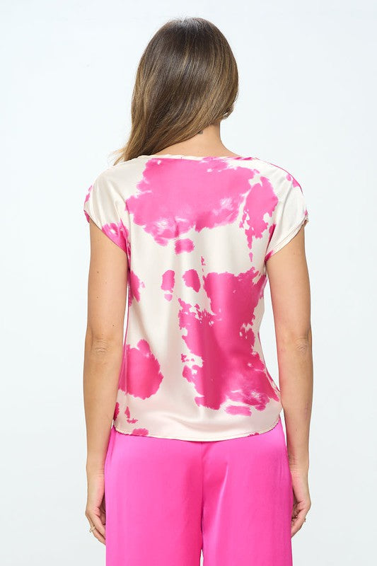 Cow Print Stretch Satin Top with Cowl Neck