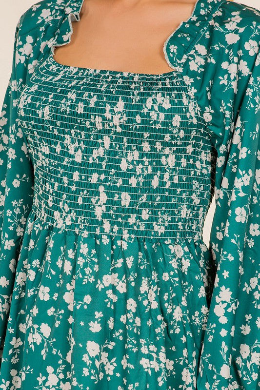 FLORAL PRINT LONG SLEEVE SQUARE NECK RUFFLE DRESS