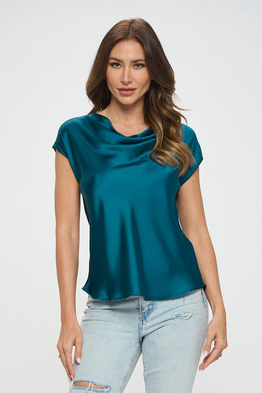 Made in USA Solid Satin Top with Cowl Neck