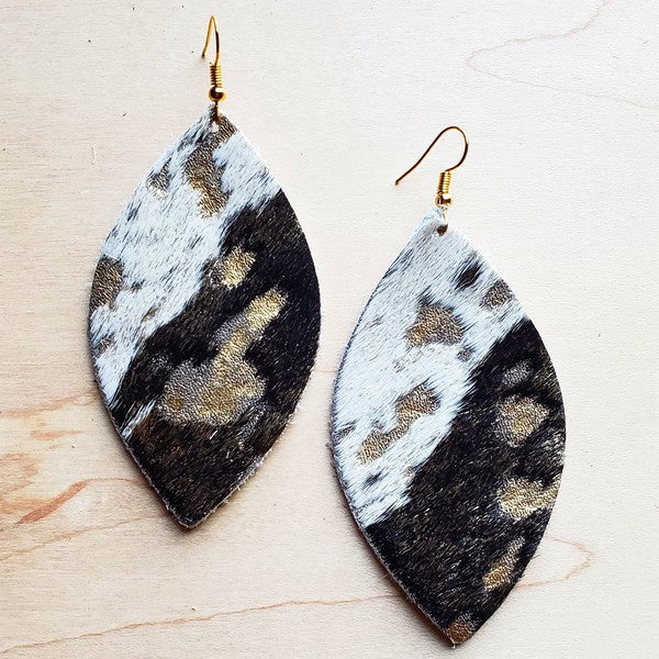 Leather Oval Earring Mixed Metallic Hair on Hide