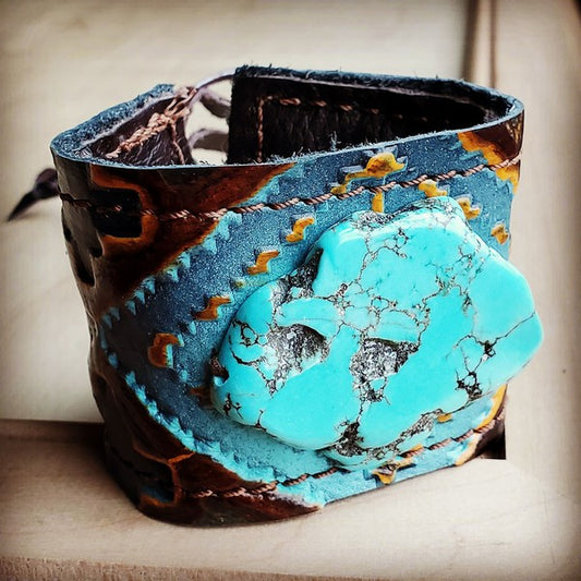 Cuff w/ Leather  Blue Navajo and Turquoise Slab